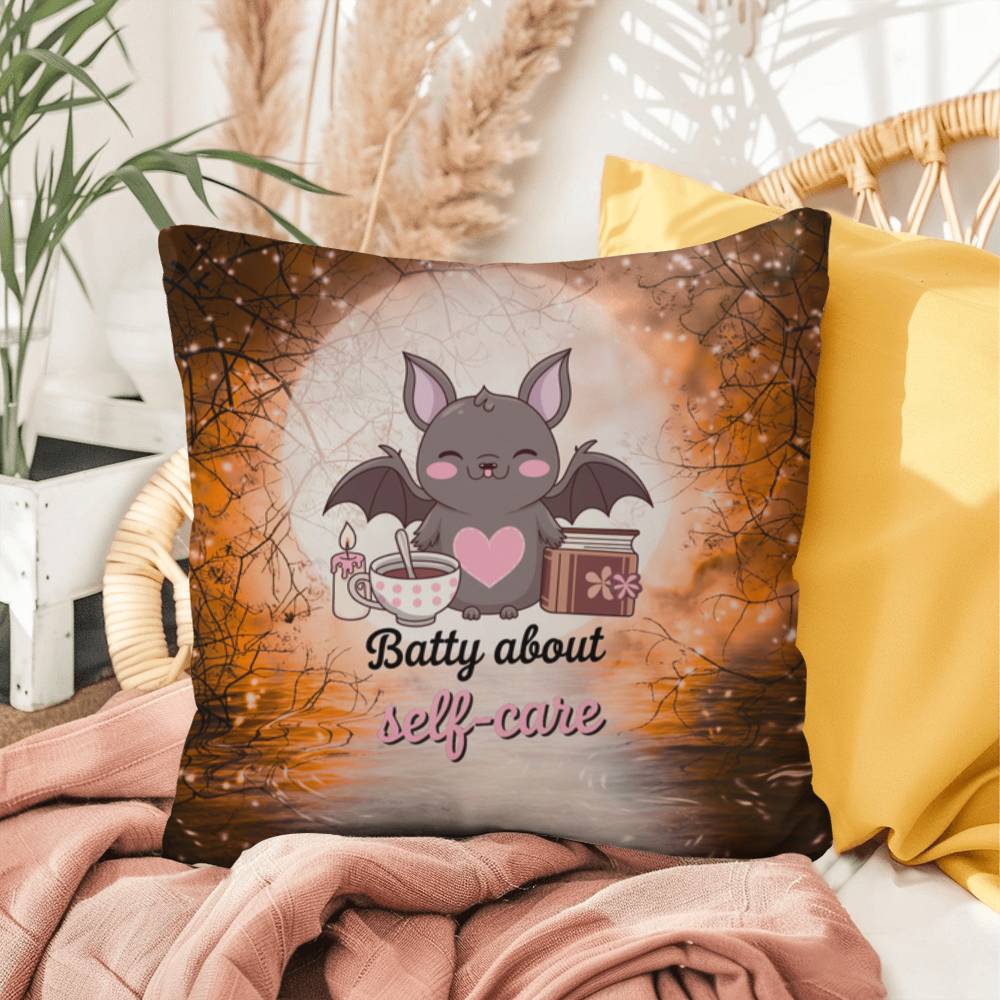 Halloween indoor/outdoor throw pillow with bats and “Batty About Self-Care” for mental health encouragement