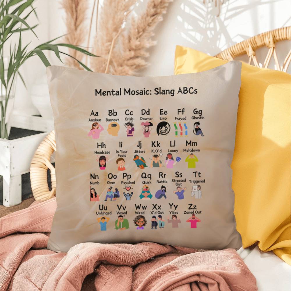 Mental Mosaic: Indoor/Outdoor Pillow - Mental Health Slang From A to Z for Positivity, Awareness & Support