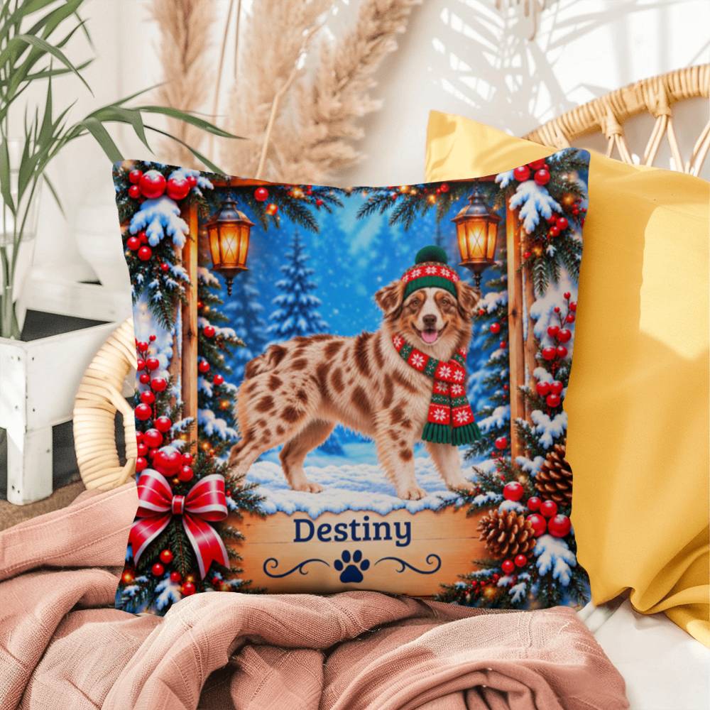 Australian Shepherd (Red Merle Coat, Amber Eyes) - Personalized Dog Name Pillow, Winter Home Gift