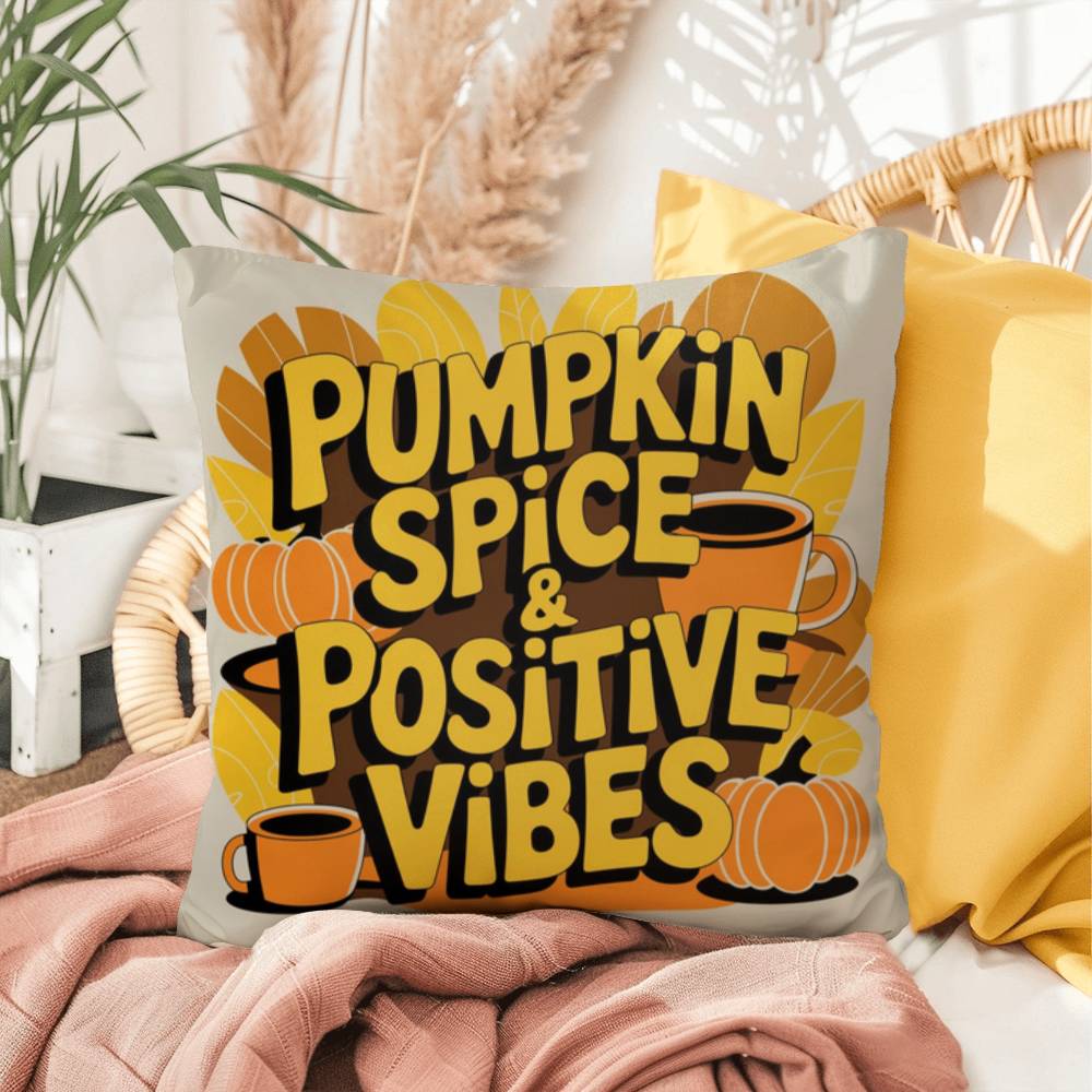 Pumpkin Spice & Positive Vibes pillow with autumn mindfulness message and cozy seasonal décor
