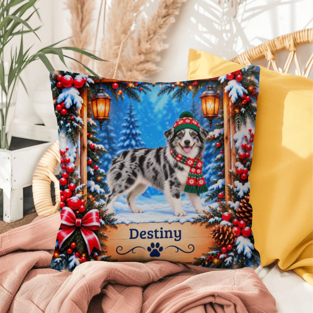 Australian Shepherd (Blue Merle & White Bi Coat) - Personalized Name Pillow, Snowy Forest Dog Gift