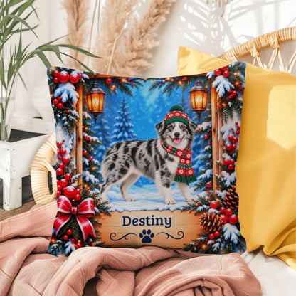 Australian Shepherd (Blue Merle & White Bi Coat) - Personalized Name Pillow, Snowy Forest Dog Gift