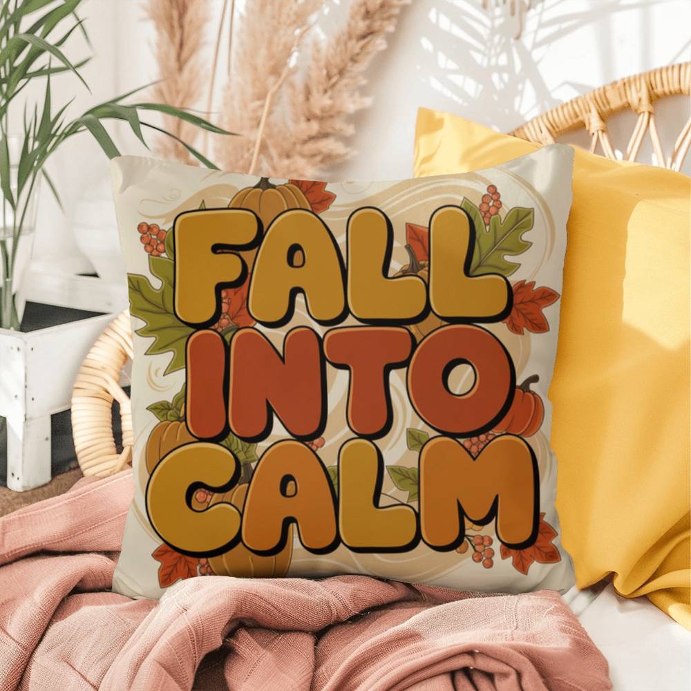 Fall Into Calm throw pillow with autumn gratitude quote, cozy seasonal comfort for Thanksgiving décor