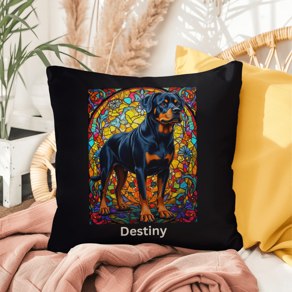 Rottweiler (Black and Rust) Indoor/Outdoor Pillow - Personalized Stained Glass Dog Tribute & Comfort Gift