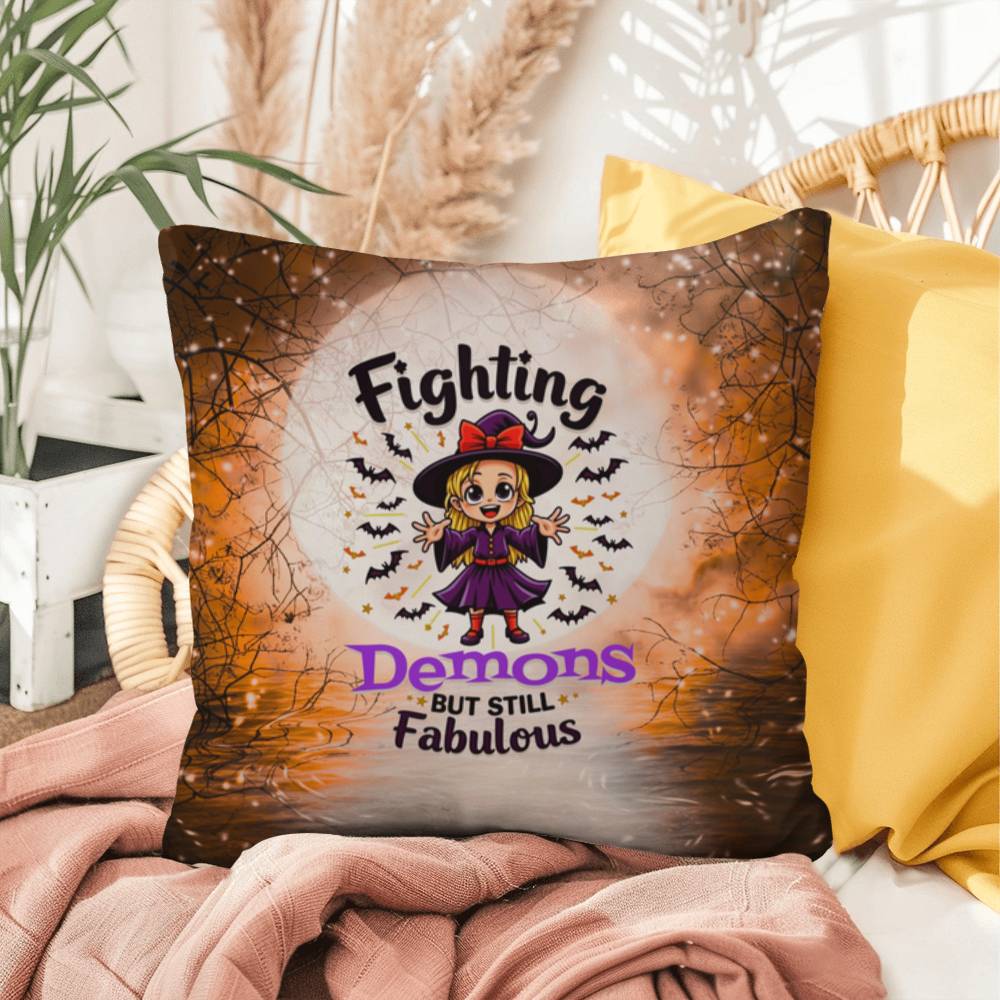 Halloween indoor/outdoor pillow with “Fighting Demons but still” for mental health and resilience