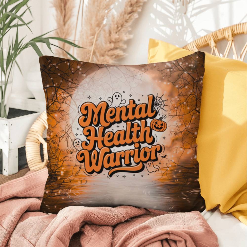 Halloween indoor/outdoor pillow with “Mental Health Warrior” for support and awareness