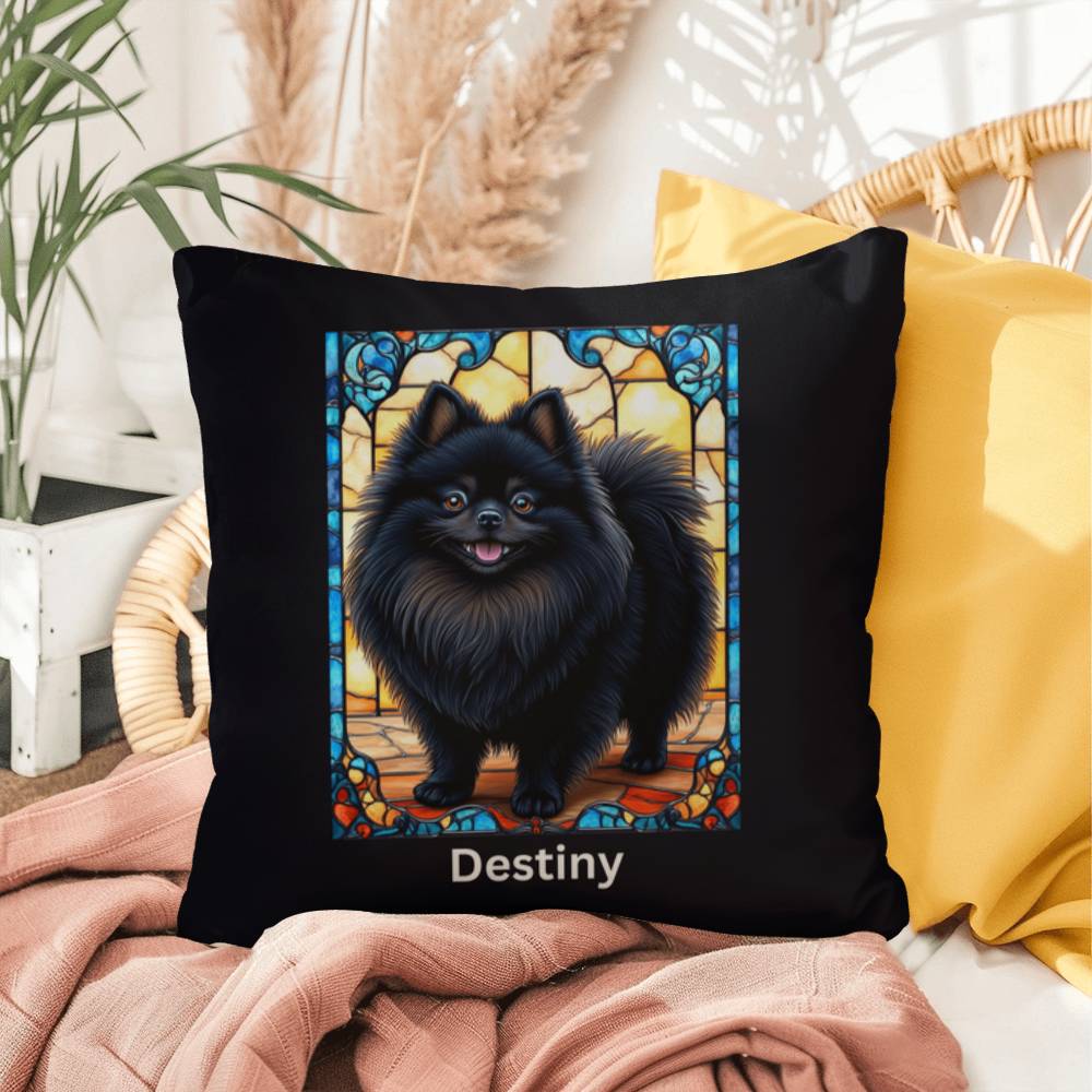 Pomeranian (Black) Indoor/Outdoor Pillow - Personalized Stained Glass Dog Tribute & Comfort Gift