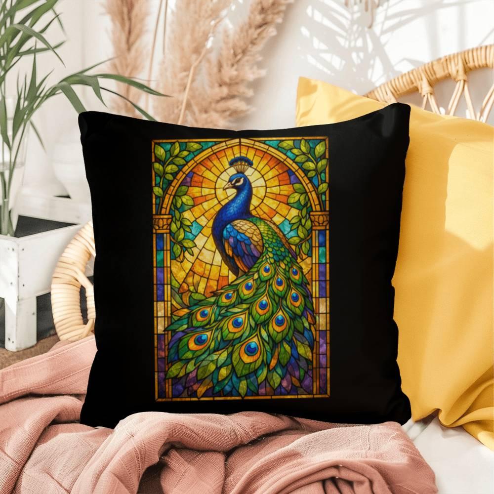Shop our premium peacock stained glass style throw pillow from MySisterIsASurvivor.