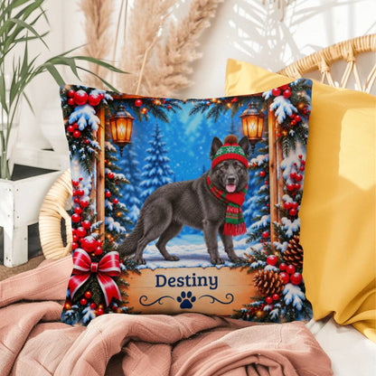 German Shepherd (Solid Blue Steel Coat) - Personalized Woodland Pillow, Custom Name Winter Gift