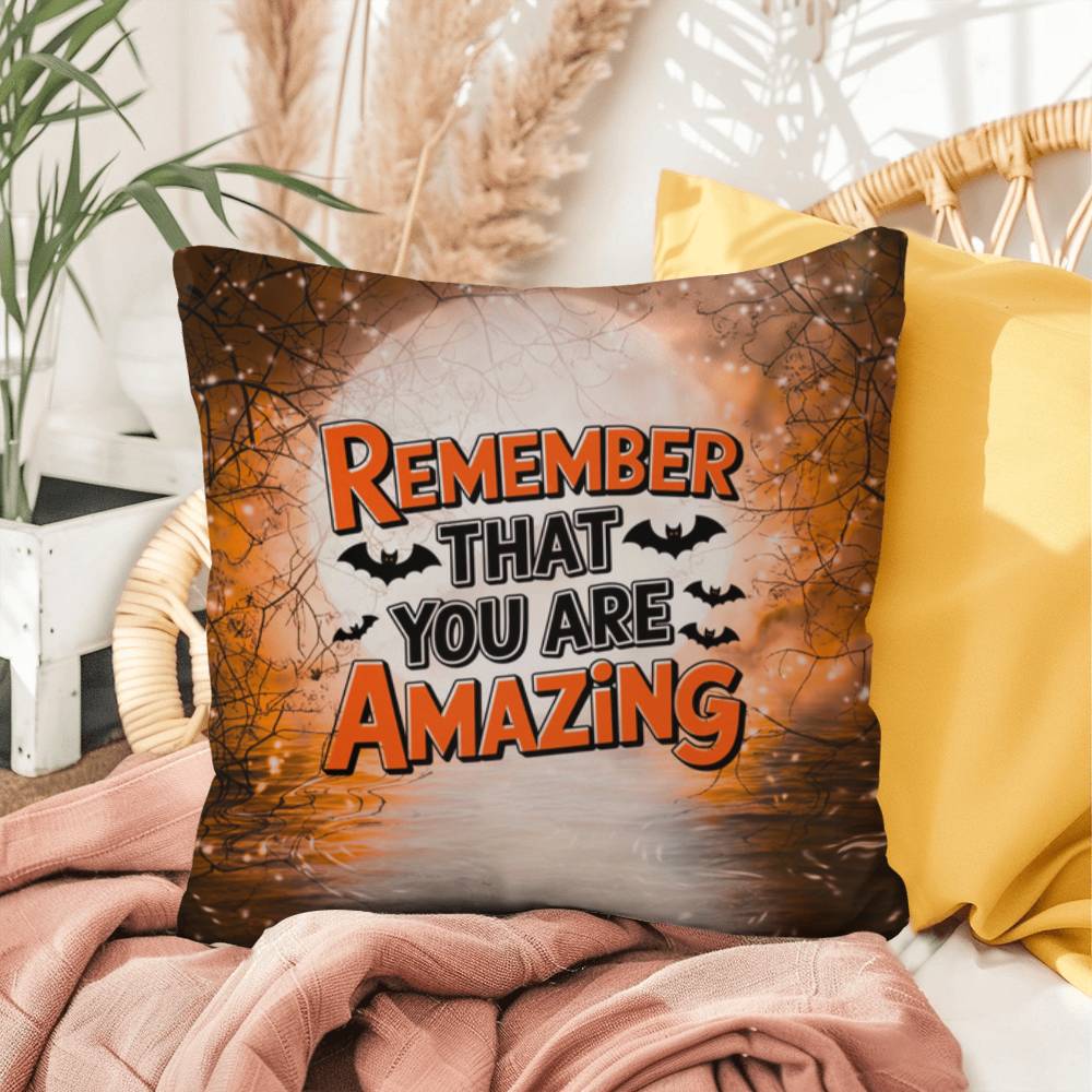 Indoor/outdoor pillow with “Remember That You Are Amazing” for positivity and encouragement
