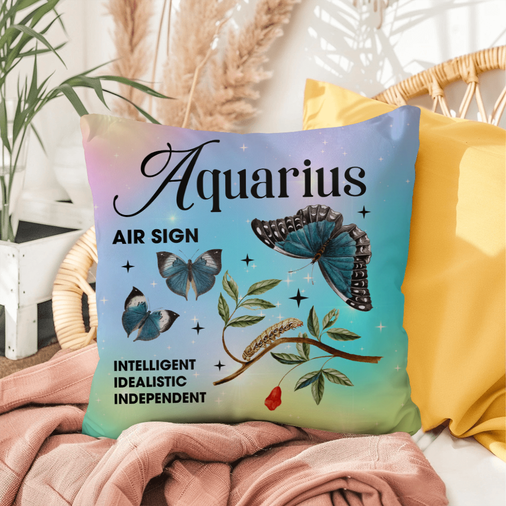 Aquarius Butterfly Indoor/Outdoor Pillow – Zodiac Astrology Decor, Boho Accent for Home & Patio