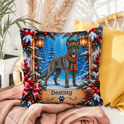 Belgian Malinois (Blue Slate Coat) - Personalized Winter Forest Pillow, Custom Dog Name Gift
