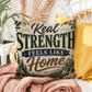 Shop our real strength feels like home throw pillow featuring the 16" x 16" style option from MySisterIsASurvivor.