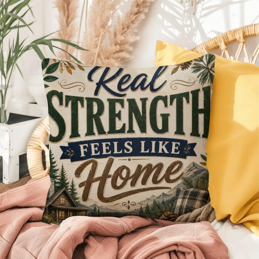 Shop our real strength feels like home throw pillow featuring the 16" x 16" style option from MySisterIsASurvivor.
