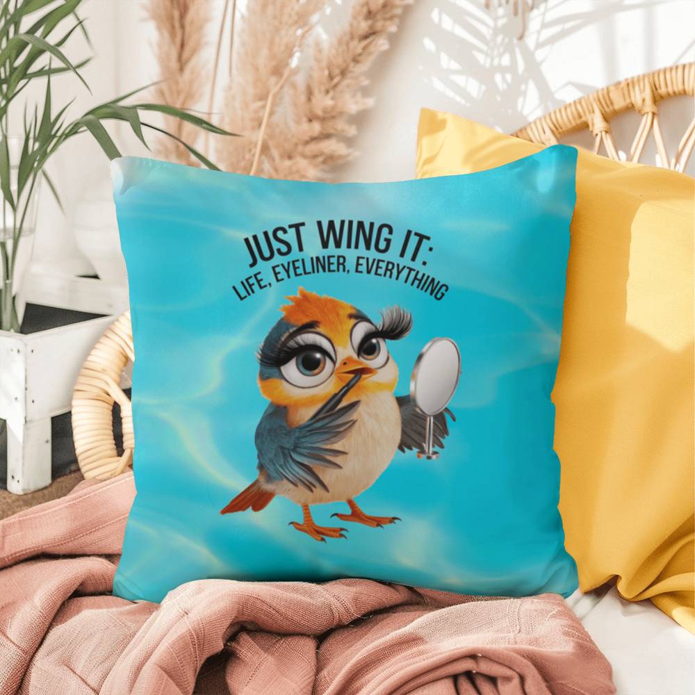 "Just Wing It: Life, Eyeliner, Everything" funny mental health mug, personalized coffee cup with affirmations for anxiety relief.