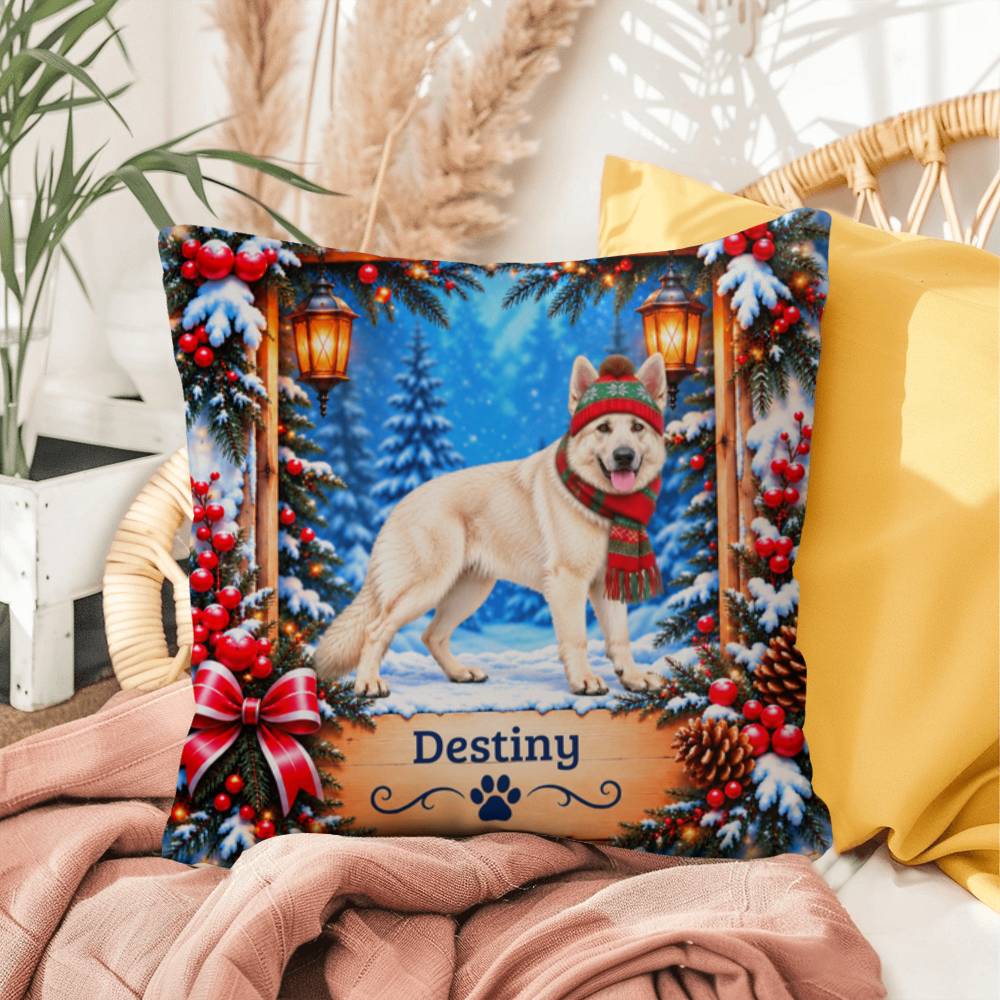 German Shepherd (White Coat) - Personalized Snowy Woodland Pillow, Winter Gift for Dog Lovers