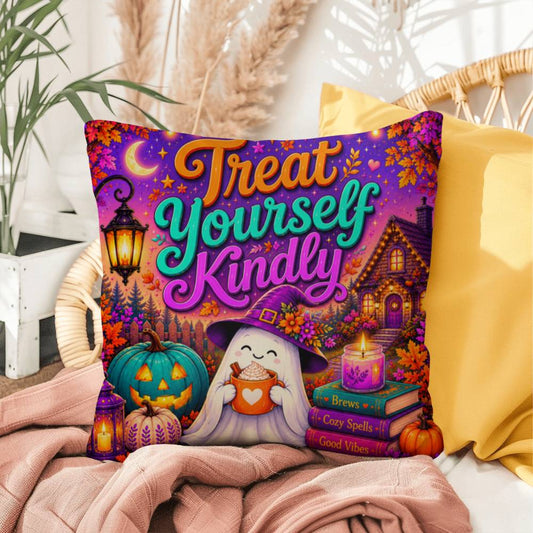 Treat Yourself Kindly message with self care inspired Halloween artwork on a decorative pillow