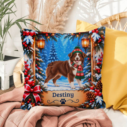 Australian Shepherd (Red & White Bi Coat) - Personalized Aussie Pillow, Snowy Woodland Dog Gift
