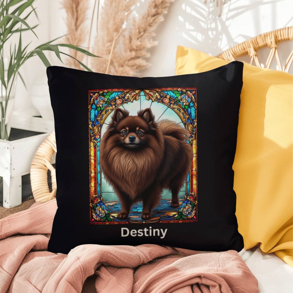 Pomeranian (Chocolate) Indoor/Outdoor Pillow - Personalized Stained Glass Dog Tribute & Comfort Gift
