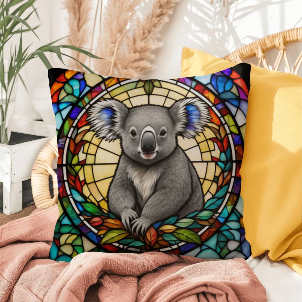 Koala stained glass throw pillow, Australian wildlife decor, indoor outdoor home accent