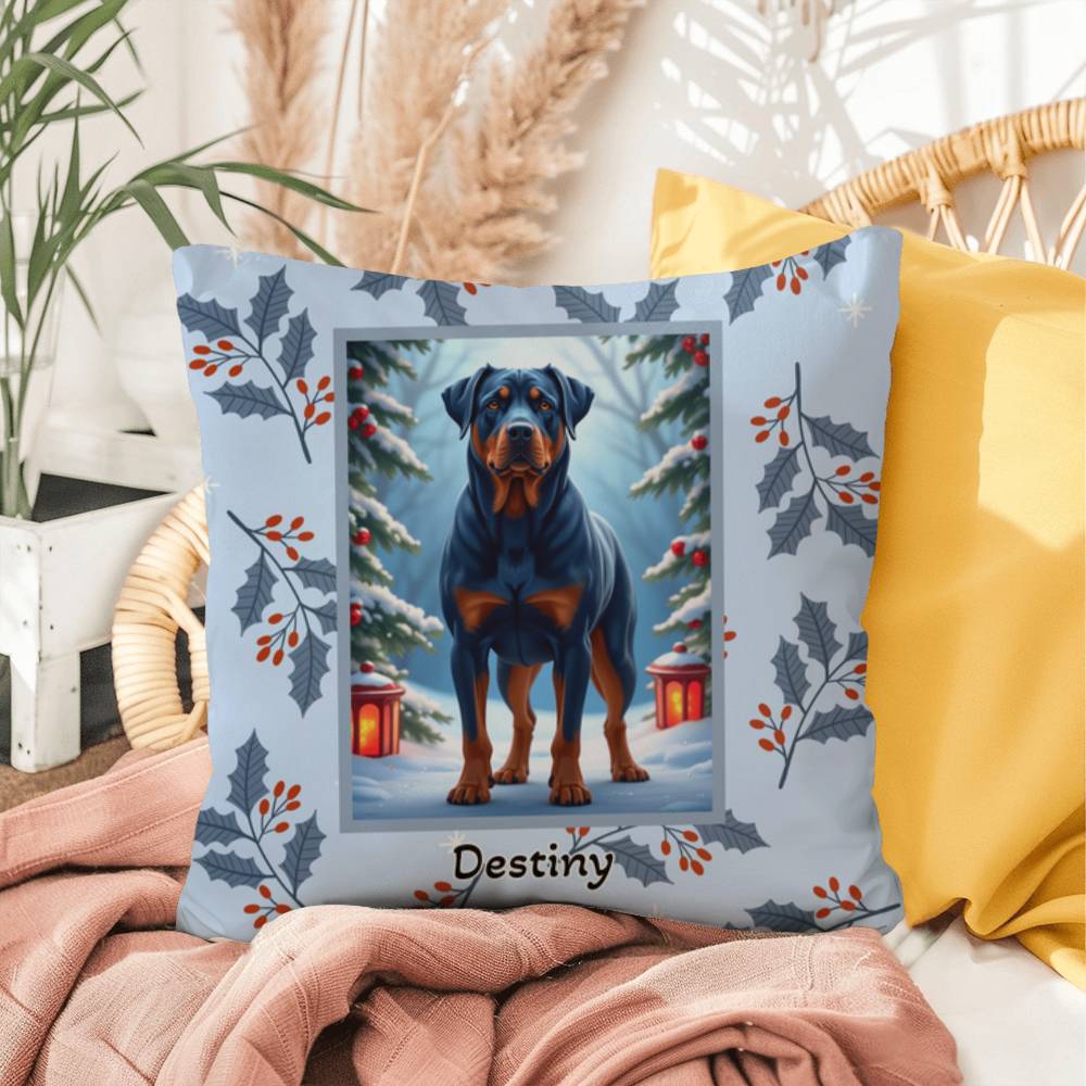 Rottweiler Blue Pillow - Guardian Rottweiler pillow, winter dog throw, indoor/outdoor home accent
