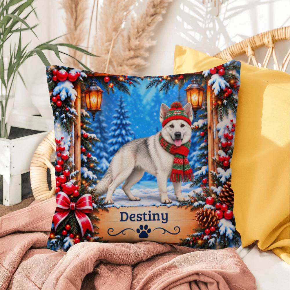 German Shepherd (White Coat, Soft Gray Shading) - Personalized Winter Pillow, Custom Name Gift - MySisterIsAsurvor