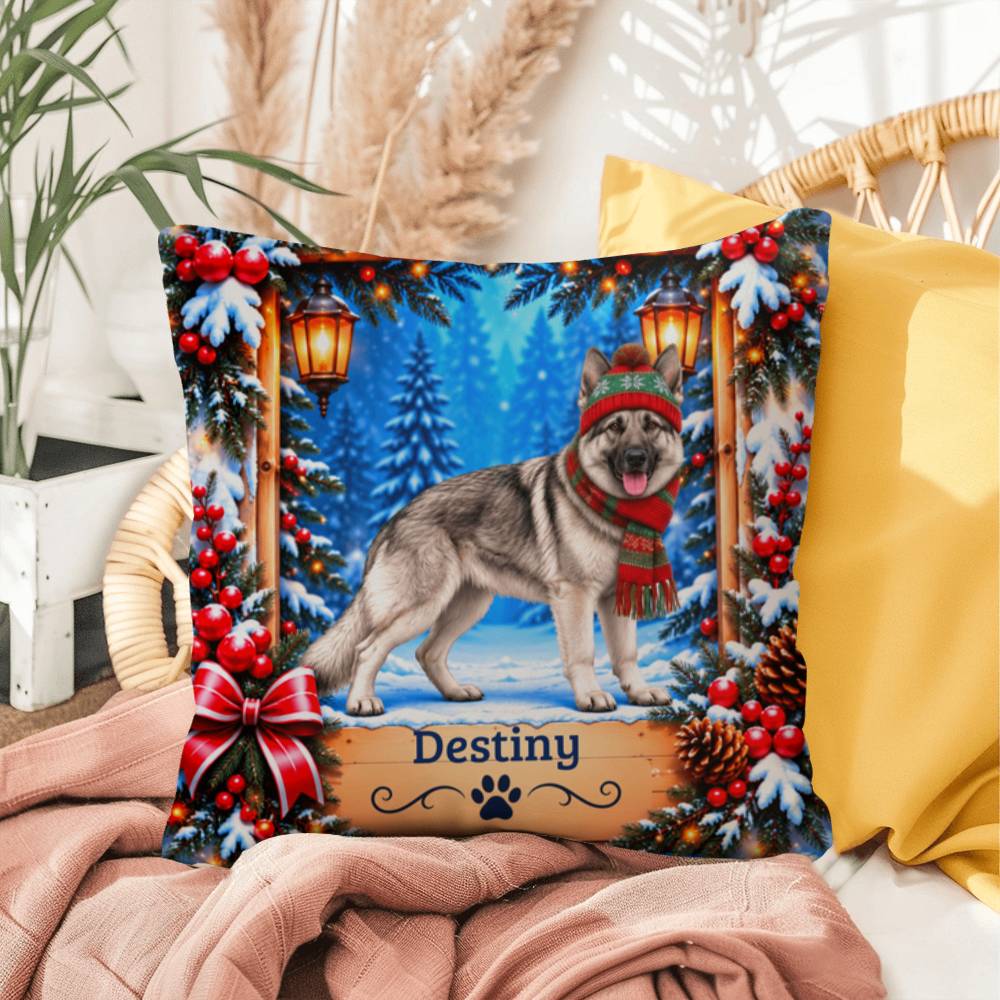 German Shepherd (Silver Sable Coat) - Personalized Snowy Forest Pillow, Custom Name Winter Gift - MySisterIsAsurvor