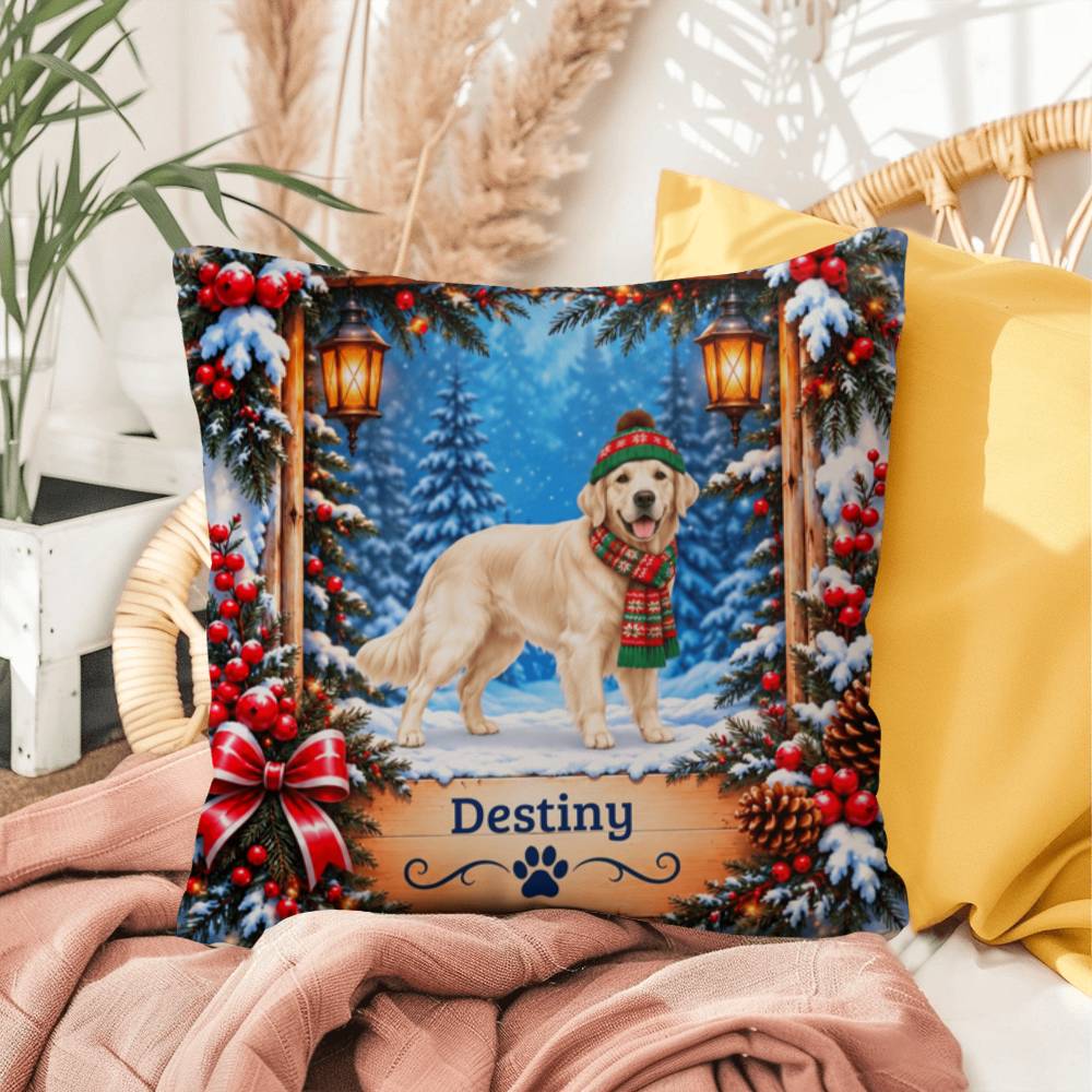 Golden Retriever (English Cream Coat) - Personalized Winter Forest Pillow, Custom Dog Name Gift