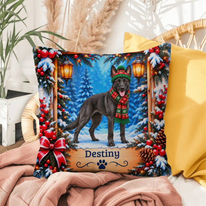 Belgian Malinois (Black Coat) - Personalized Snowy Forest Pillow, Indoor Outdoor Dog Name Gift