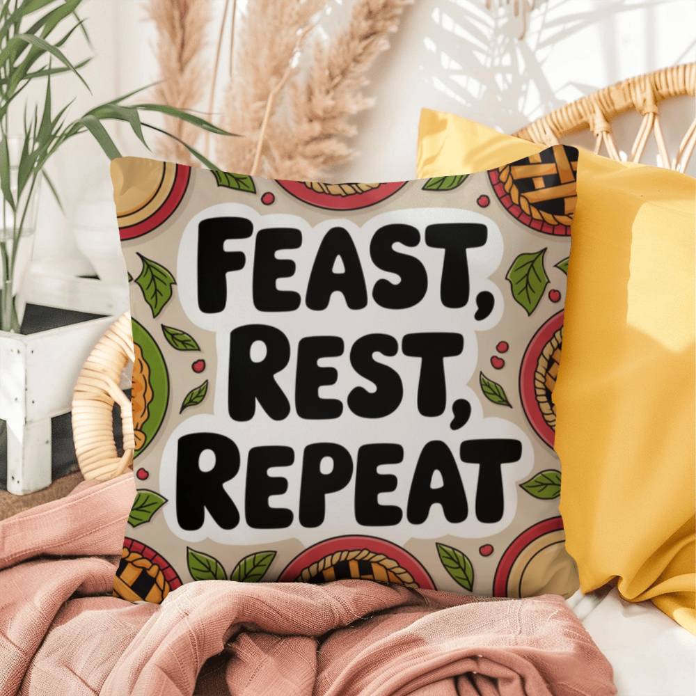 Feast, Rest, Repeat pillow featuring mindfulness message with cozy Thanksgiving and fall décor vibes