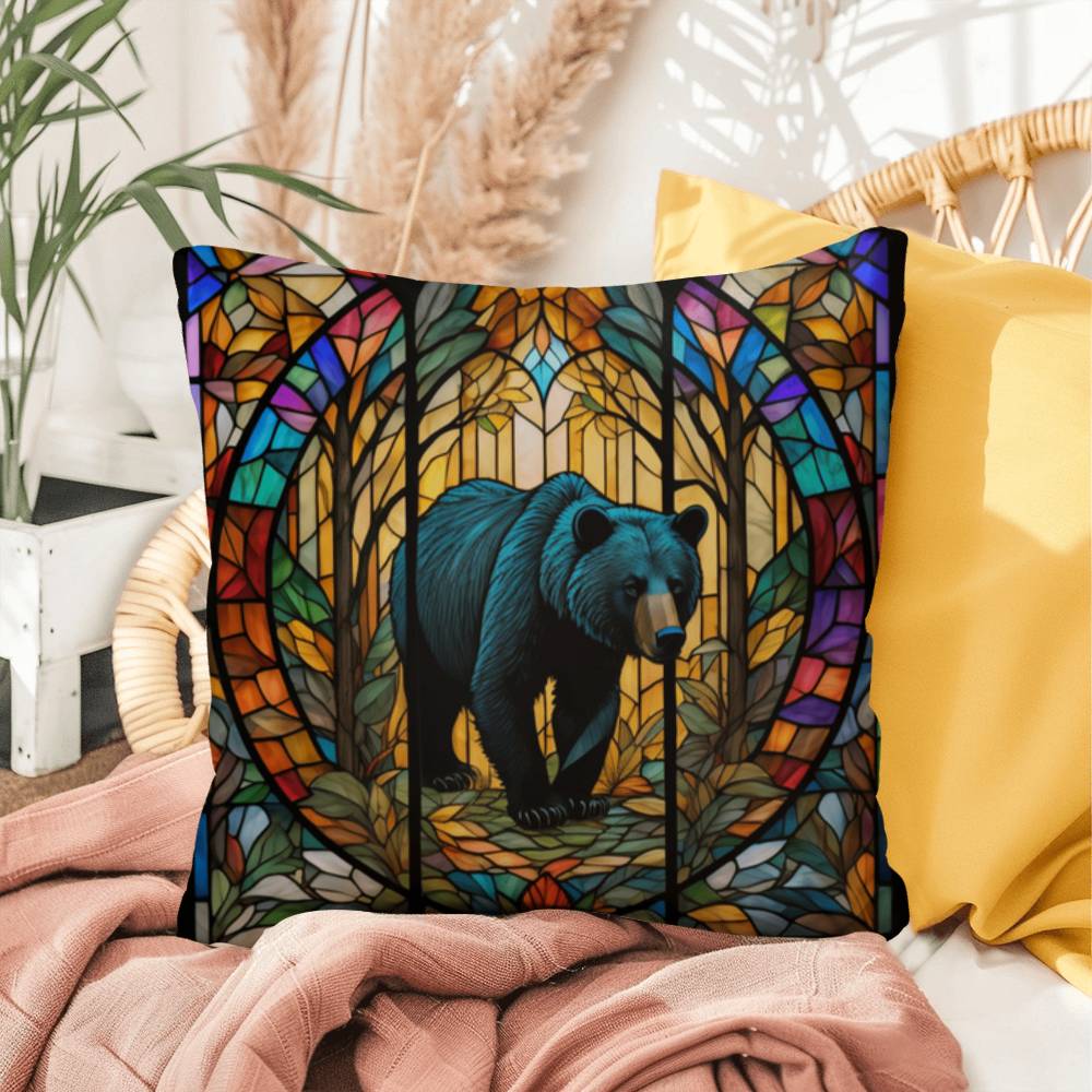 Bear stained glass throw pillow, indoor outdoor wildlife decor, cozy home accent for animal lovers
