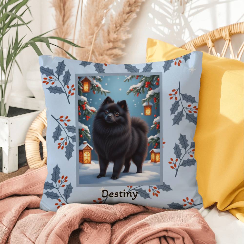 Pomeranian Black Pillow - Fluffy Pom pillow, indoor/outdoor winter dog throw, seasonal accent