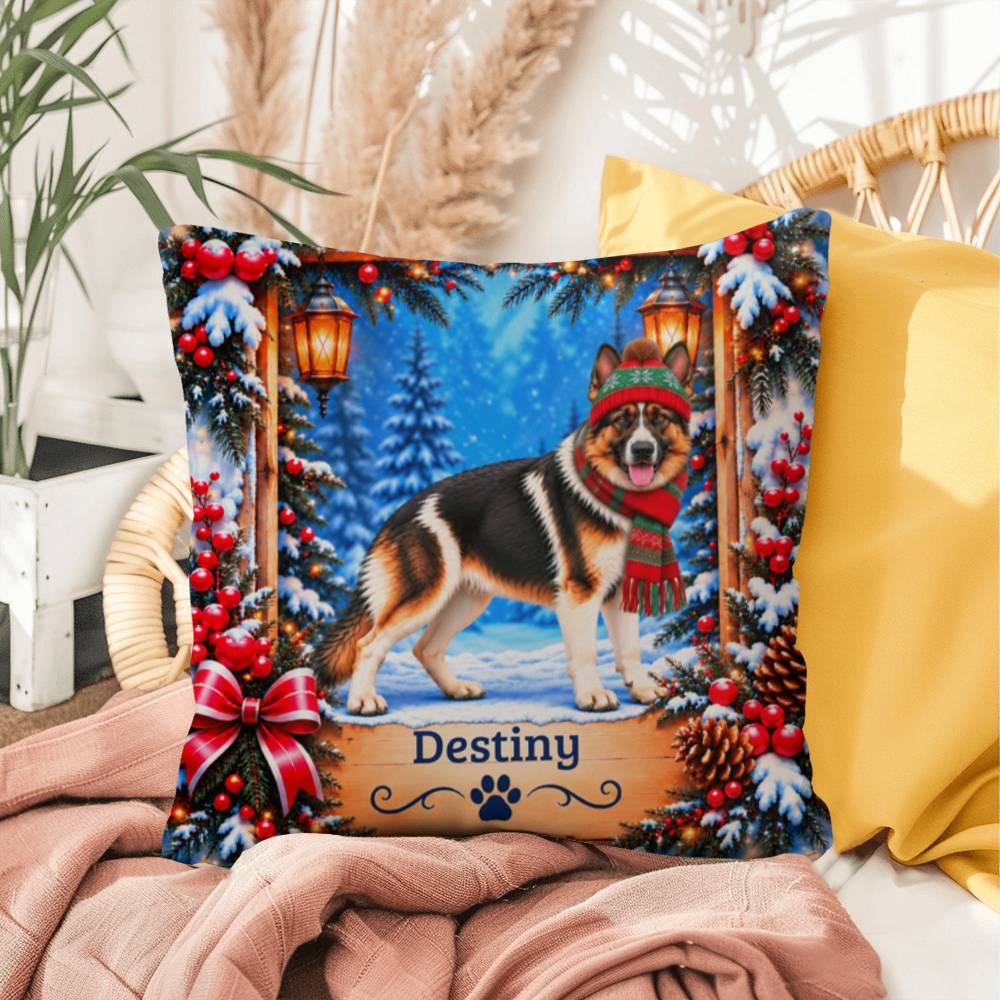 German Shepherd (Panda Piebald) - Personalized Winter Throw Pillow, Custom Name Gift for Dog Lovers