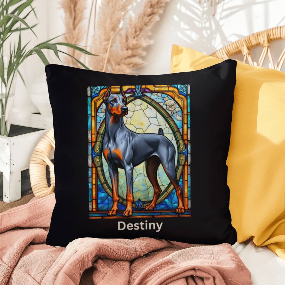 Doberman Pinscher (Blue & Rust) Indoor/Outdoor Pillow - Personalized Stained Glass Dog Tribute & Comfort Gift