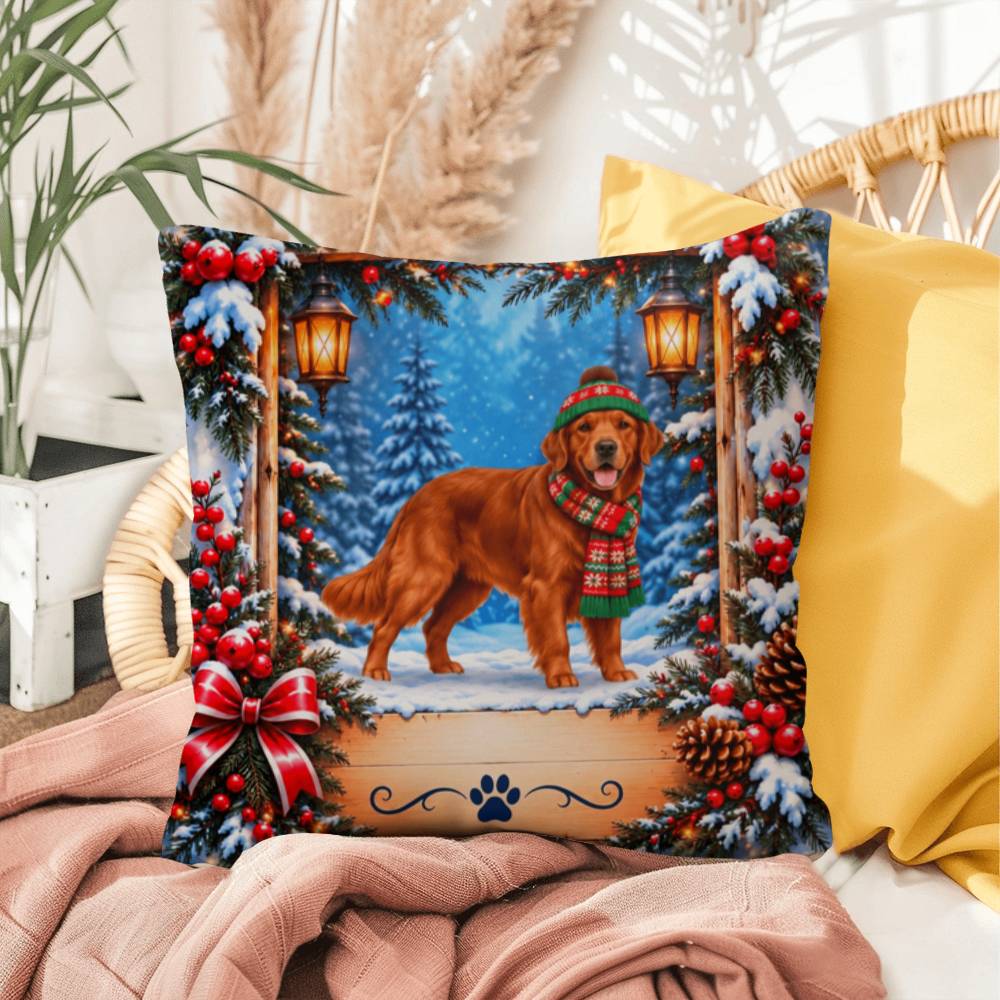 Golden Retriever (Red Field Coat) - Personalized Winter Forest Pillow, Custom Dog Name Gift