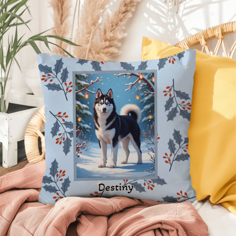 Husky Black & White Pillow - Snow dog winter throw pillow, indoor/outdoor Husky accent, holiday decor