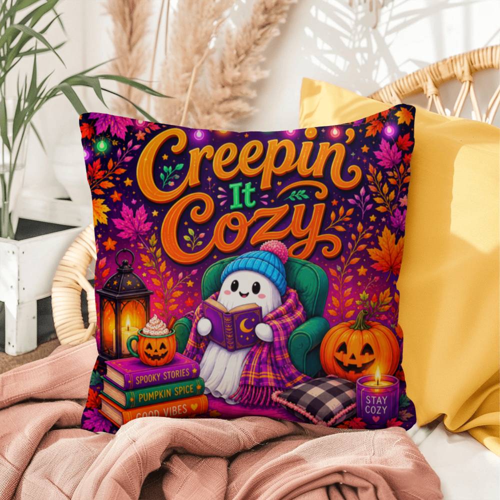 Creepin It Cozy Halloween Throw Pillow - Spooky Stories Pumpkin Spice Good Vibes