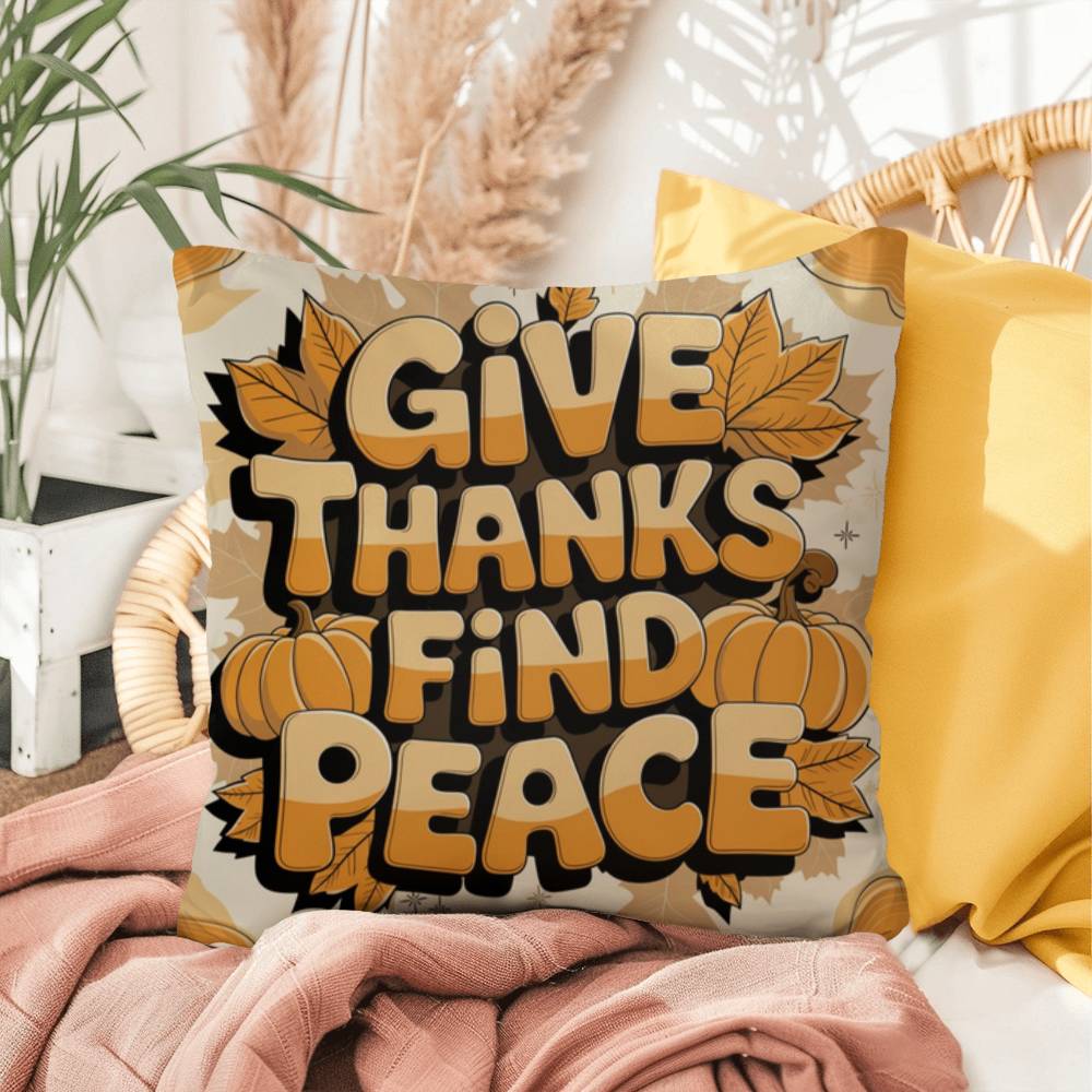Give Thanks, Find Peace throw pillow with mindful Thanksgiving quote and vibrant autumn décor colors