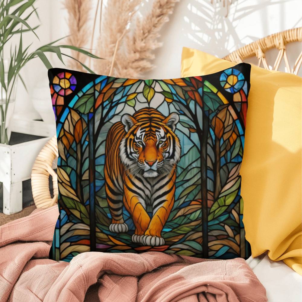Tiger stained glass throw pillow, jungle wildlife decor, indoor outdoor accent pillow