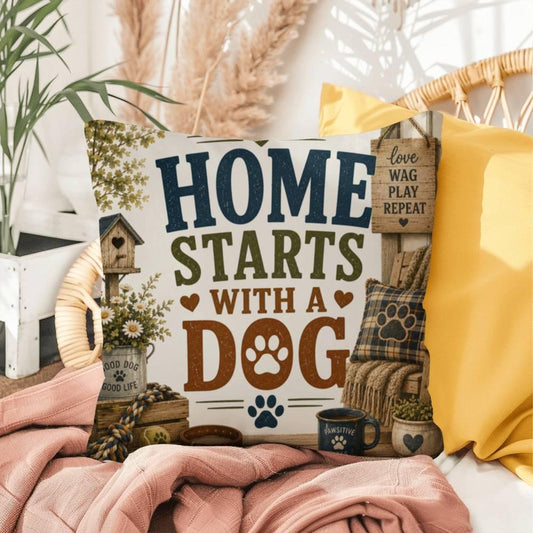 Shop our home starts with a dog throw pillow featuring the 16" x 16" style option from MySisterIsASurvivor.