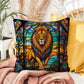 Lion stained glass throw pillow, safari wildlife home decor, indoor outdoor accent cushion