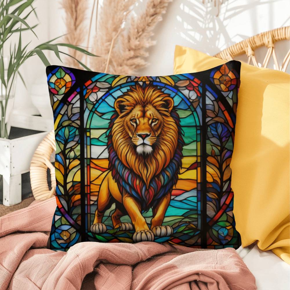 Lion stained glass throw pillow, safari wildlife home decor, indoor outdoor accent cushion