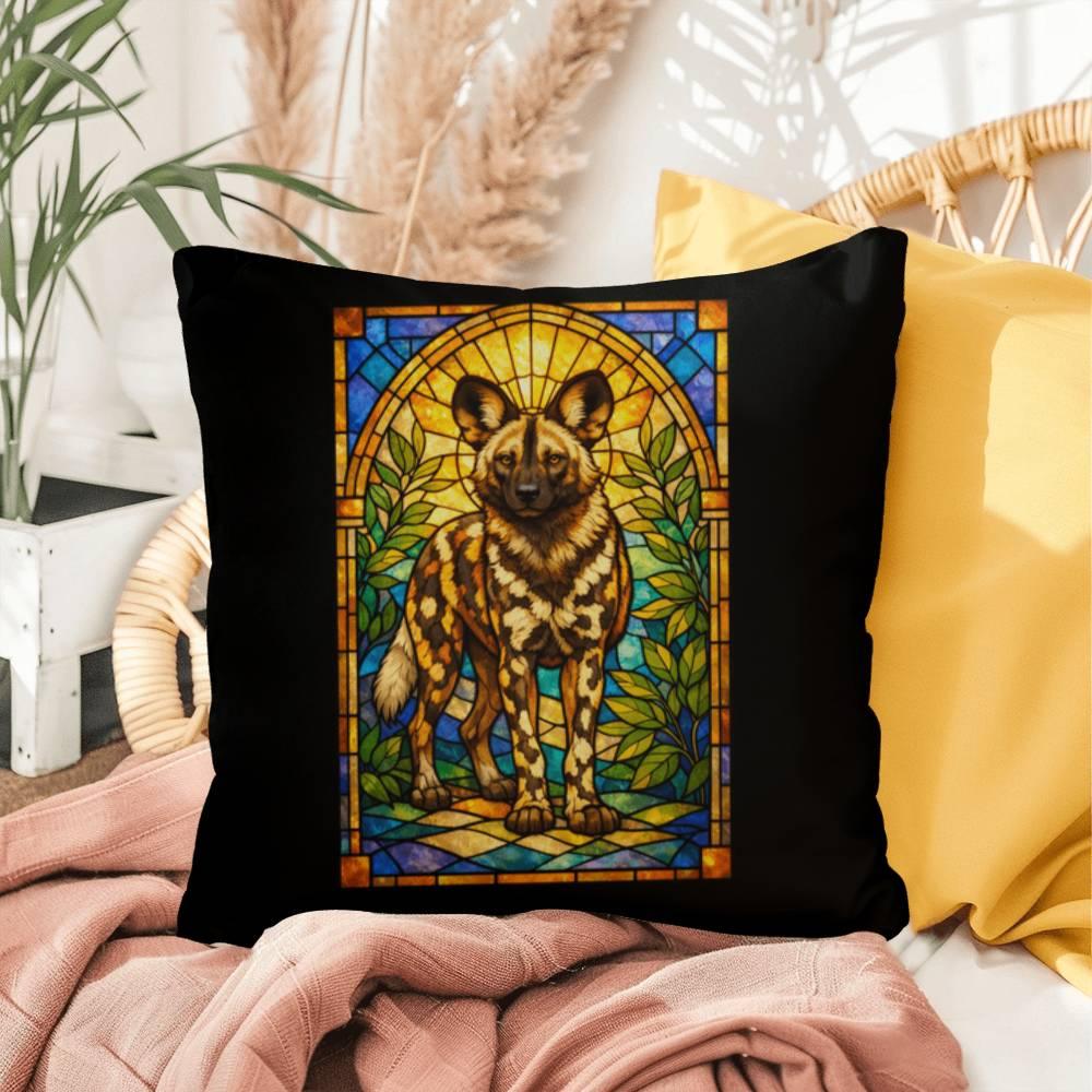 Shop our premium african wild dog stained glass style throw pillow from MySisterIsASurvivor.