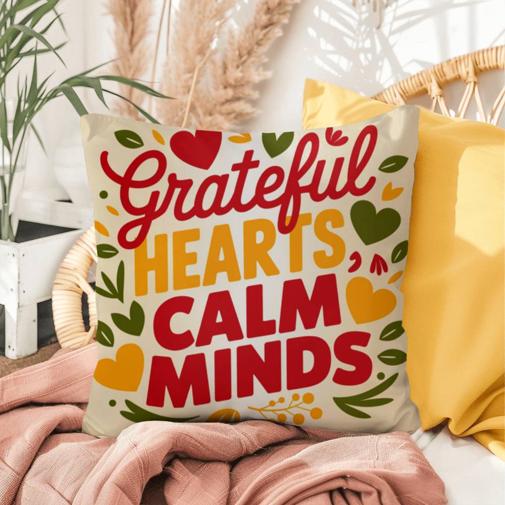 Grateful Hearts, Calm Minds pillow in bright fall tones with Thanksgiving gratitude and mindfulness quote