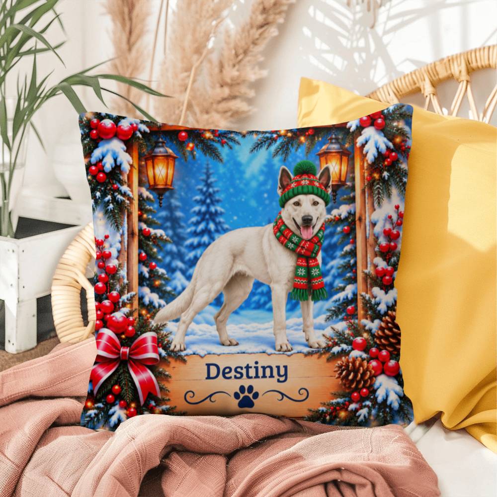 Belgian Malinois (White Coat) - Personalized Snowy Woodland Pillow, Custom Dog Name Winter Gift