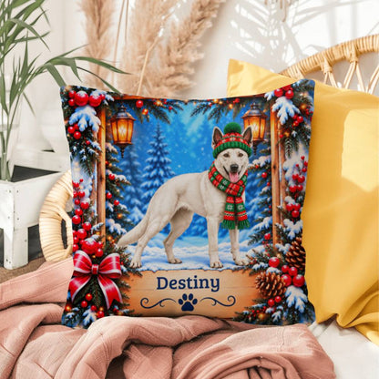 Belgian Malinois (White Coat) - Personalized Snowy Woodland Pillow, Custom Dog Name Winter Gift