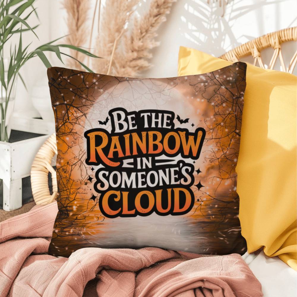 Decorative indoor/outdoor pillow with “Be The Rainbow” affirmation for mental health and cozy fall décor