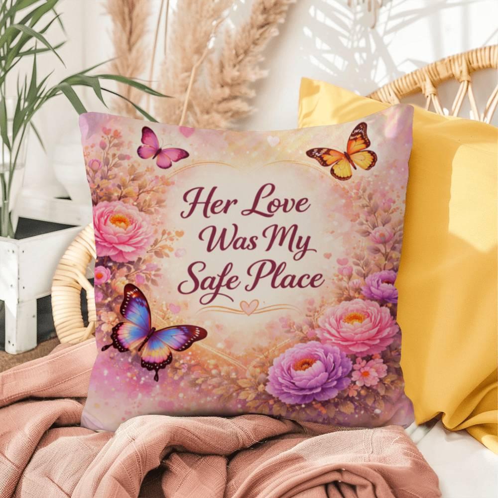 Shop our her love was my safe place throw pillow featuring the 16" x 16" style option from MySisterIsASurvivor.