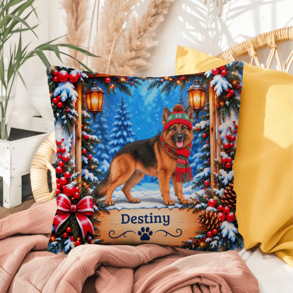 German Shepherd (Black & Red Coat) - Personalized Winter Cabin Pillow, Custom Dog Name Gift - MySisterIsAsurvor
