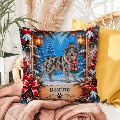 Australian Shepherd (Solid Blue Merle, Amber Eyes) - Personalized Name Pillow, Winter Woodland Decor
